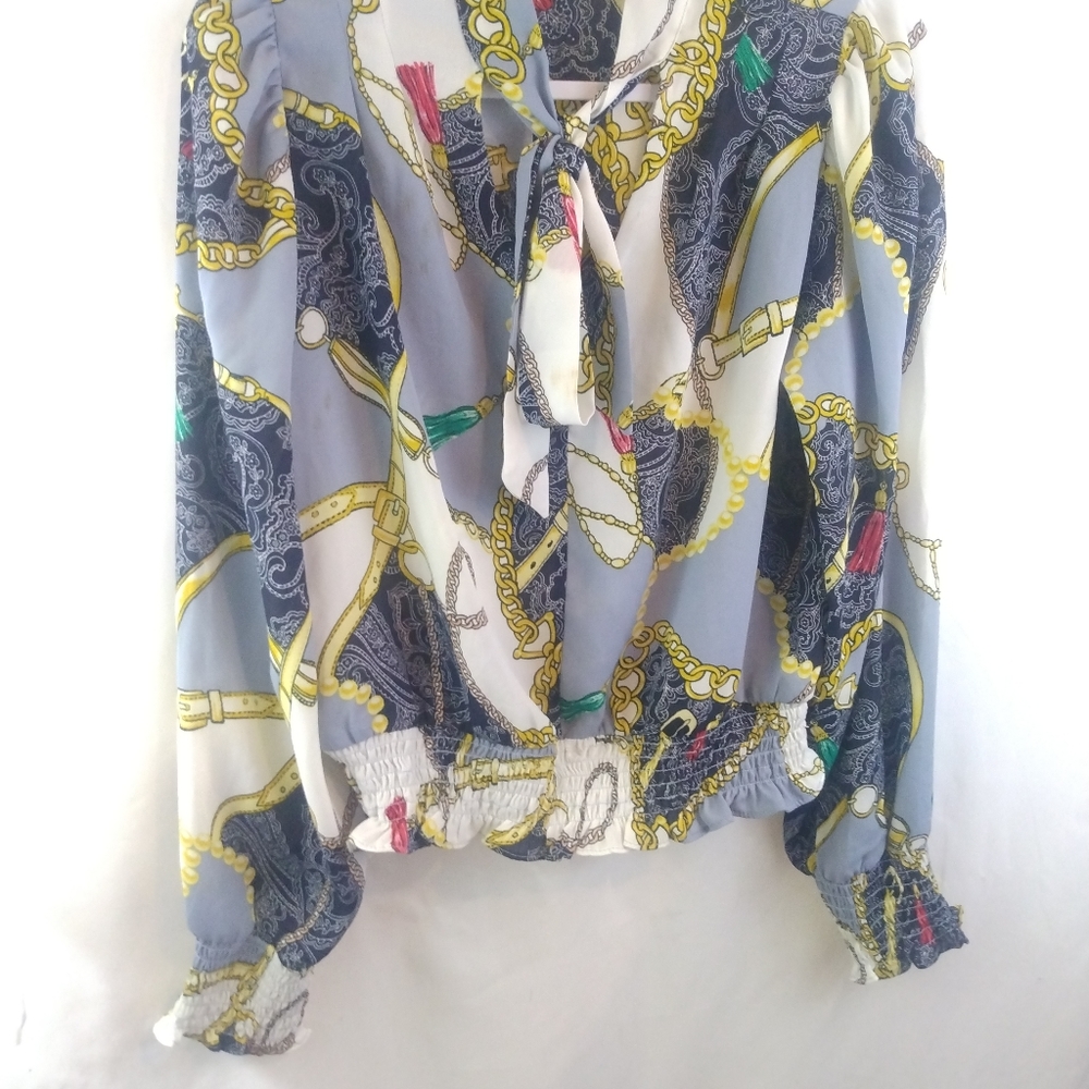 Blashe Gray/Navy Print Tie Crop Blouse